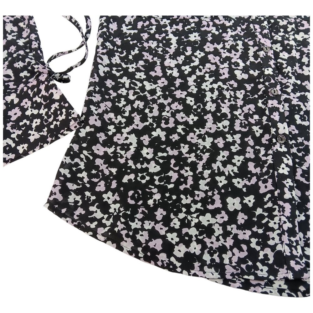 CANDIE'S-Women's Floral Button down-Top-MEDIUM-Black-White-Purple-Work-Casual - Picture 10 of 16